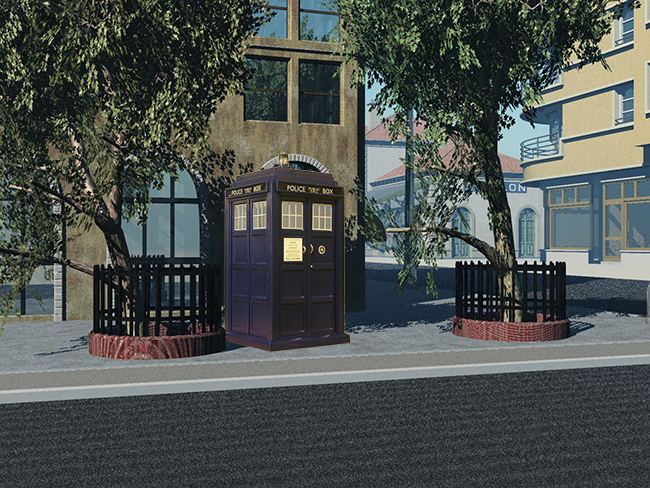 The Tardis on a city street.